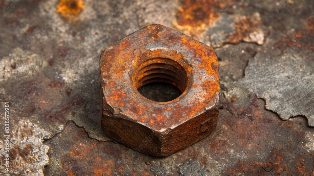 A rusty hex nut with a mixture of smooth and rough texture evidence of years of exposure to the elements A rusty hex nut with a mixture of smooth and rough texture evidence of years of exposure to the elements