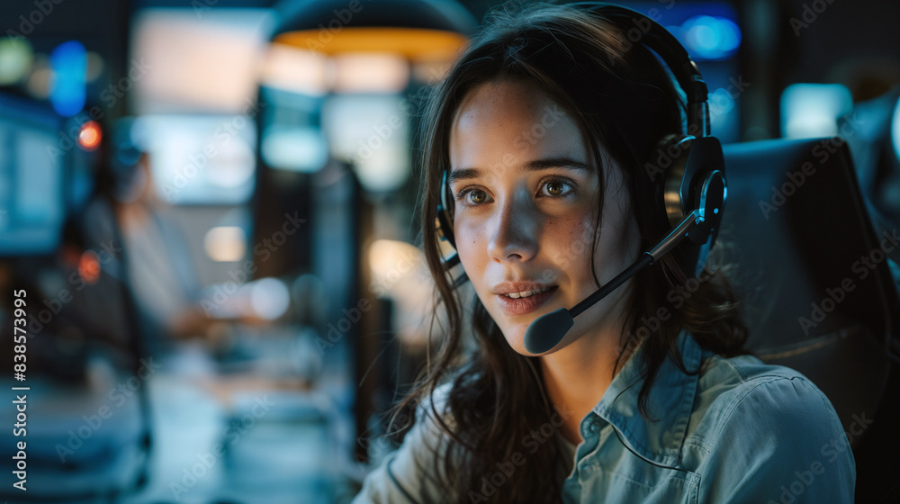 call centre woman talking on the phone with headset call centre woman talking on the phone with headset