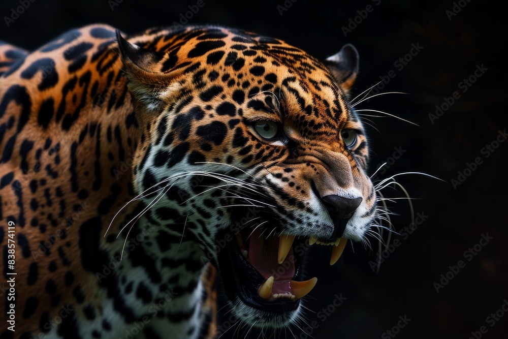Obraz premium Mystic portrait of East African Jaguar in studio, copy space on right side, Anger, Menacing, Headshot, Close-up View Isolated on black background
