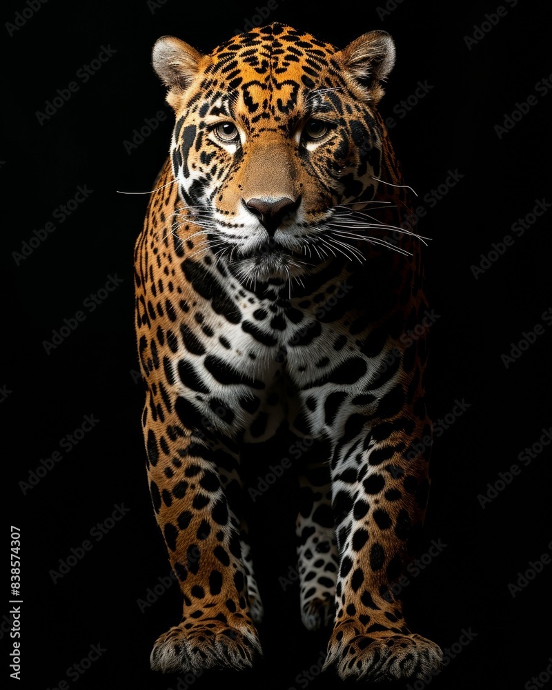 the American Jaguar, portrait view, white copy space on right Isolated on black background the American Jaguar, portrait view, white copy space on right Isolated on black background