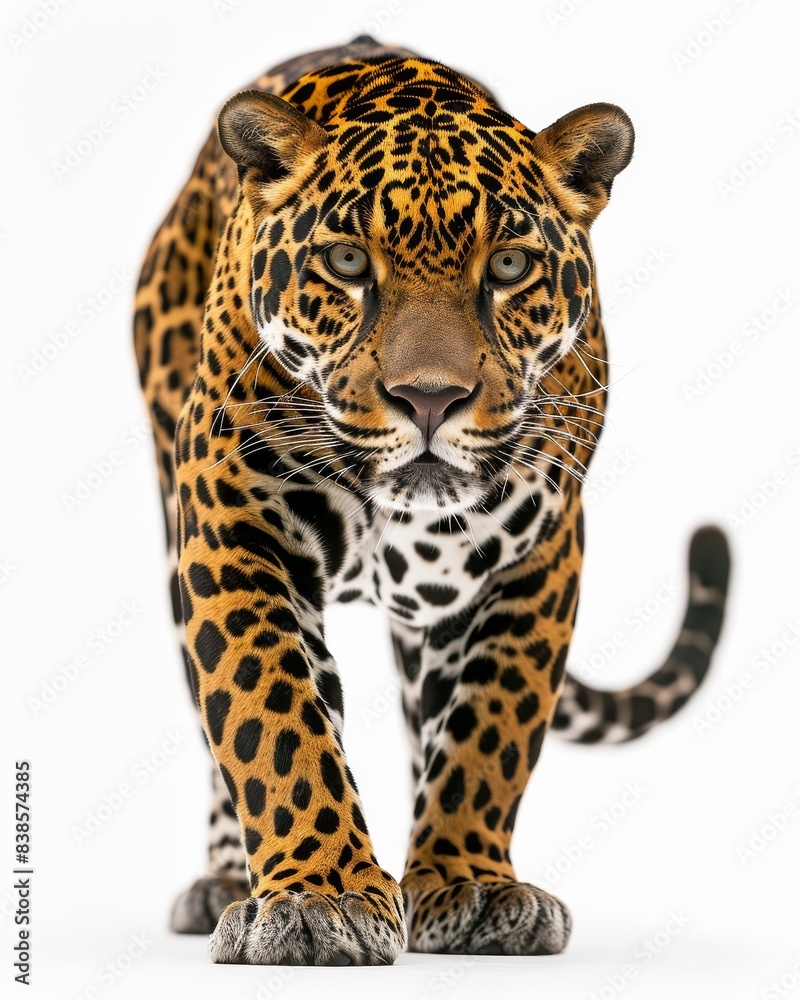 the East African Jaguar , white copy space on right Isolated on white background