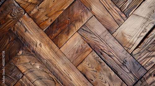 The rough and rustic texture of a herringbone wooden floor with visible knots grain patterns and rough edges adding a touch of natural charm