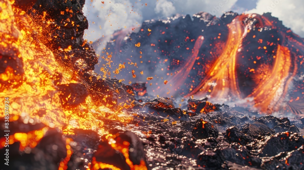 Lava splashing onto volcanic surface, in the style of winding mountain background, dynamic and action-packed, high resolution, 8k photo, realistic photo, high quality 