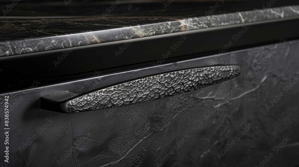 The dark and elegant matte black finish of a flush handle featuring a mottled texture with subtle variations in color The dark and elegant matte black finish of a flush handle featuring a mottled texture with subtle variations in color