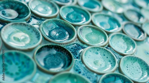 The close inspection of a circular glazed ceramic tile highlighting a glossy finish in shades of vibrant turquoise aquamarine and seafoam green
