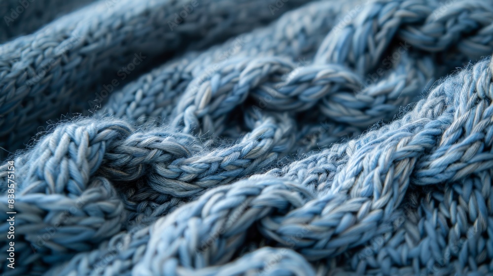 A detailed shot of delicate woven braids in a soft heathered blue woolen throw adding depth and charm to the fabric