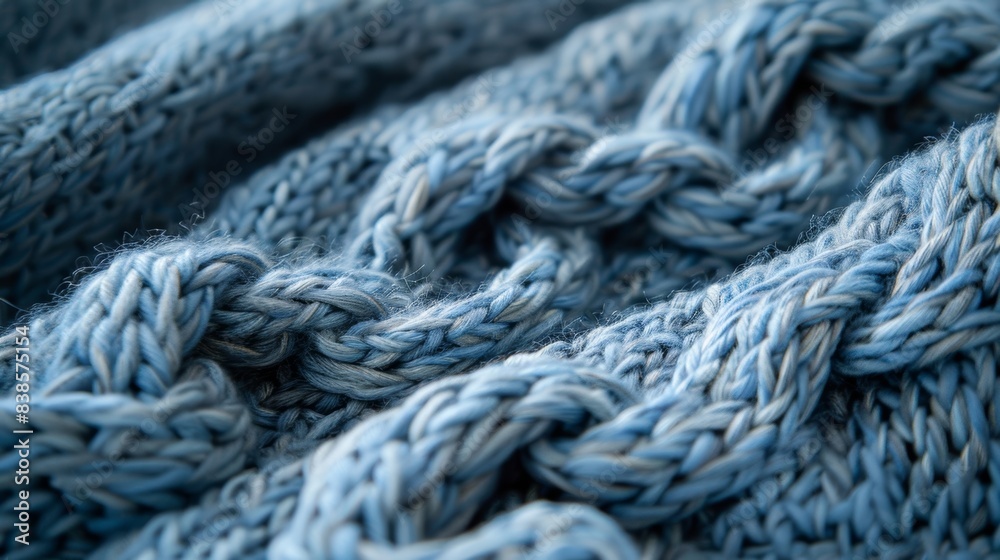 A detailed shot of delicate woven braids in a soft heathered blue woolen throw adding depth and charm to the fabric A detailed shot of delicate woven braids in a soft heathered blue woolen throw adding depth and charm to the fabric