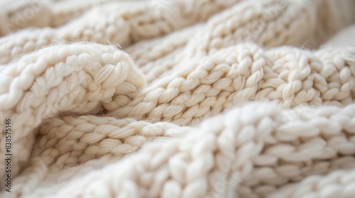 A magnified view of tightlyknit creamcolored yarn showcasing the intricate details and softness of the woolen throw photo