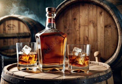 frosted whisky glass on wooden barrel and unbranded, unwritten whisky bottle, copy space for text

