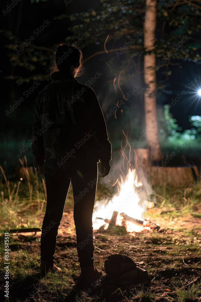 Fototapeta premium A person stands near a crackling campfire in the woods at night. Their silhouette is visible against the bright flames, creating a stark contrast