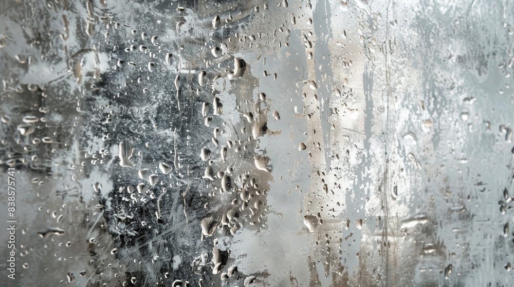 In this closeup the effects of weather and time are evident on a reflective glass panel with streaks and smudges disrupting the perfect reflection. These imperfections add a touch o In this closeup the effects of weather and time are evident on a reflective glass panel with streaks and smudges disrupting the perfect reflection. These imperfections add a touch o
