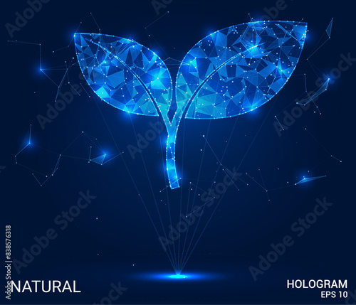 Hologram of a leaf and nature on a dark background. Modern digital illustration. Ideal for environmental, technology, and sustainability concepts.