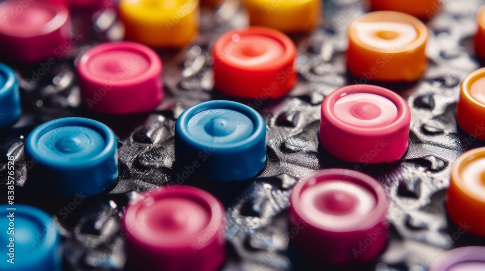 A closeup shot of a retroinspired embossed control panel featuring a colorful array of raised buttons and s in a symmetrical pattern A closeup shot of a retroinspired embossed control panel featuring a colorful array of raised buttons and s in a symmetrical pattern