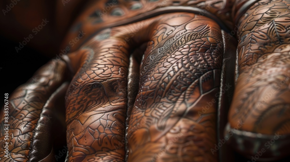 An extreme closeup of a single glove finger highlighting the fine intricate embossed details that enhance grip and control