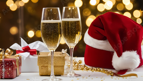 champagne and christmas decorations, santas hat, Gilded Celebrations: New Year's Royalty with Champagne and Crowns	
