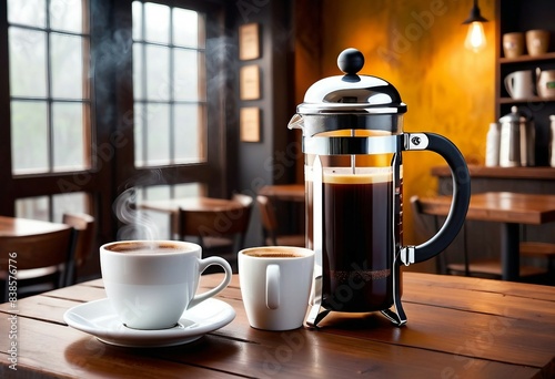 A polished, stainless steel French press and a simple white mug containing a freshly brewed filter coffee rest on a wooden table in a charming, artisanal coffee shop 
