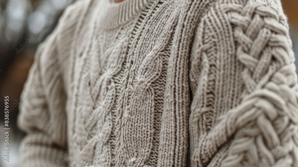 A closer look at the cable knit details of this gentle wool sweater emphasizing the intricacy and craftsmanship of the design A closer look at the cable knit details of this gentle wool sweater emphasizing the intricacy and craftsmanship of the design