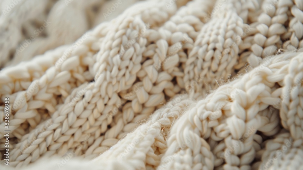 Closeup of a chunky knit stitch in a gentle cream color adding dimension and warmth to this luxurious sweater Closeup of a chunky knit stitch in a gentle cream color adding dimension and warmth to this luxurious sweater