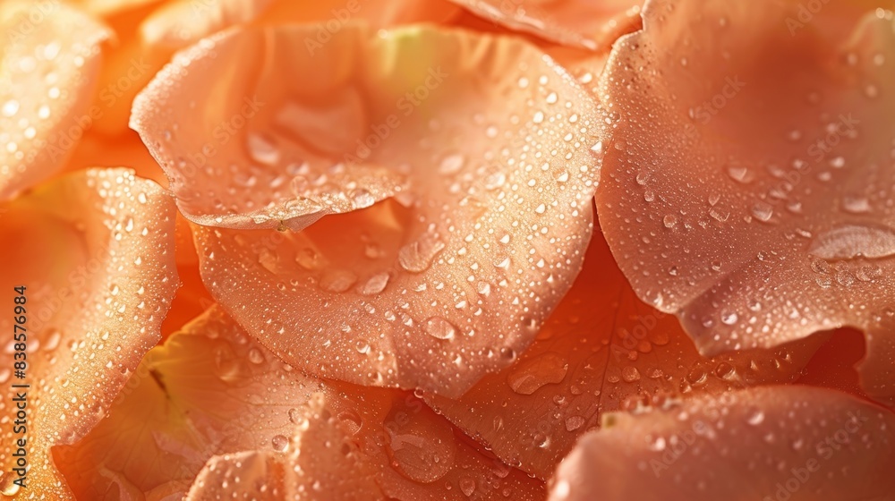 A closeup shot of velvety rose petals in a peachy sunset orange color with tiny dew drops creating a glistening effect A closeup shot of velvety rose petals in a peachy sunset orange color with tiny dew drops creating a glistening effect