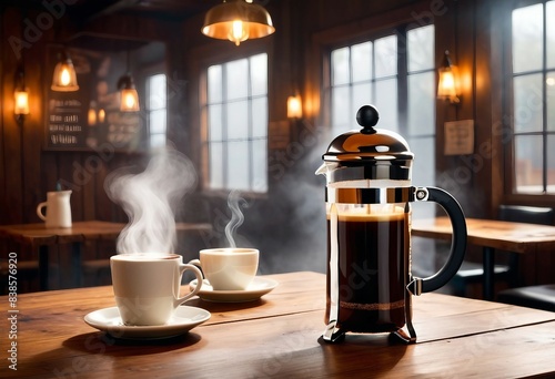 A polished, stainless steel French press and a simple white mug containing a freshly brewed filter coffee rest on a wooden table in a charming, artisanal coffee shop 