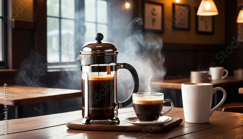 A polished  stainless steel French press and a simple white mug containing a freshly brewed filter coffee rest on a wooden table in a charming  artisanal coffee shop 