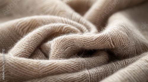 #1 A macro shot of a cashmere scarf reveals a luxurious softness and subtle sheen in its tightly woven threads. The light beige color adds a touch of warmth to the overall texture