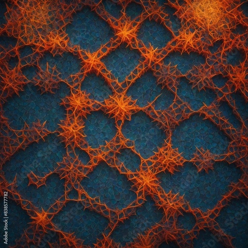 View of fractal pattern, displaying vivid hues of orange, blue. This intricate design brings to mind interconnected networks, neurons, with branching structures that form complex, detailed visual. photo