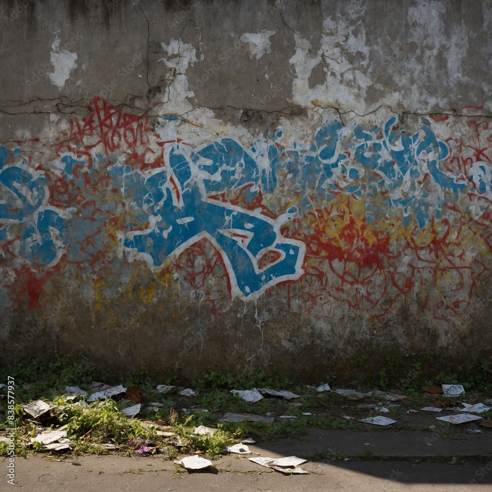 Fototapeta premium Weathered wall stands as canvas for vibrant graffiti, testament to urban artistry. Layers of paint in blue, red, yellow hues create visual symphony, their peeling edges revealing passage of time.