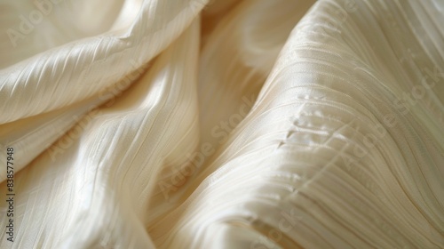 A creamcolored silk dupioni with a subtle luster highlighting the horizontal ribbing and smooth surface of the fabric