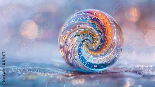 A macro shot of a single glass bead showcases its intricate patterns and designs with delicate swirls and colorful speckles creating a mesmerizing and hypnotic effect. It seems to emi photo
