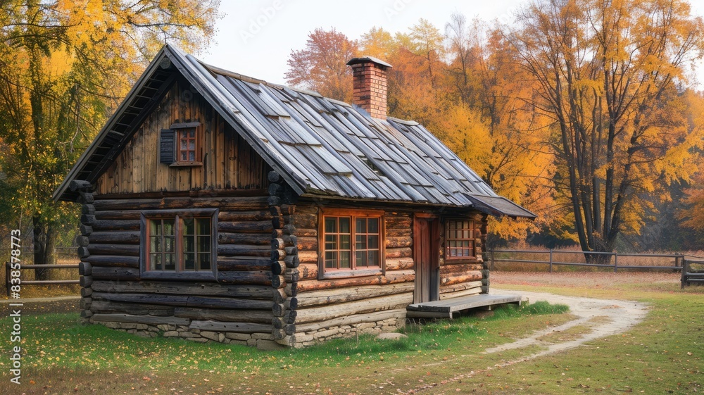 Rustic wooden cabin in serene autumn forest Rustic wooden cabin in serene autumn forest