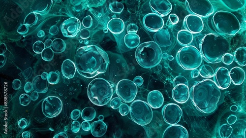 In this closeup shot of bioluminescent plankton the tiny organisms appear like shimmering gems in shades of turquoise creating a dreamy underwater landscape