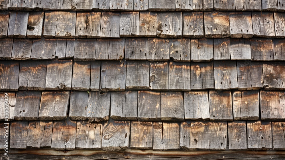 Weathered wooden shingles display natural texture and pattern Weathered wooden shingles display natural texture and pattern
