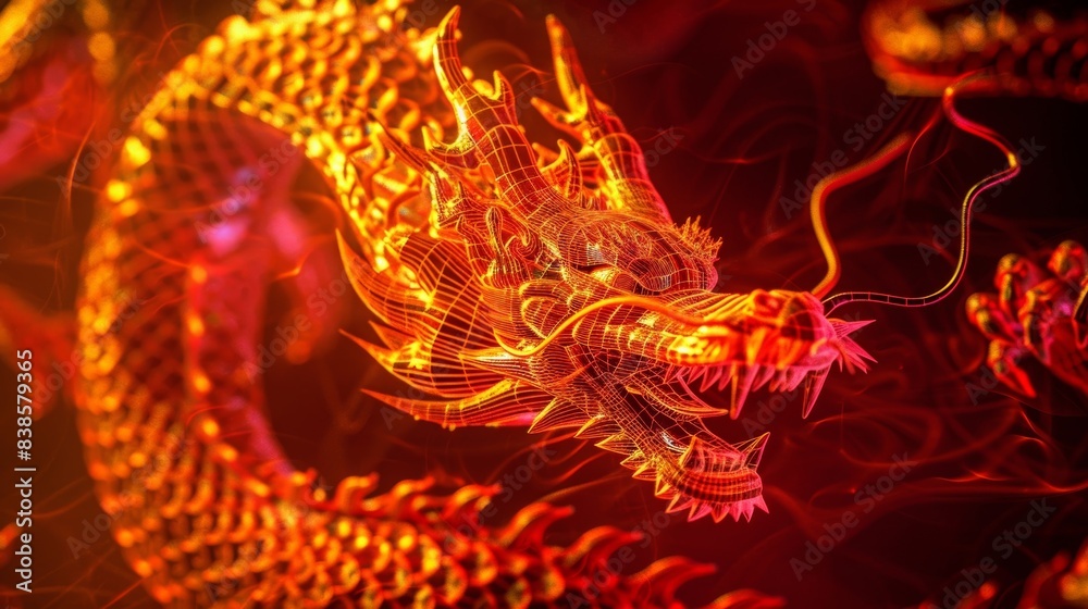 A red and yellow neon dragon coils and twists its scales and claws defined by fine intricate lines that create a sense of fire and energy