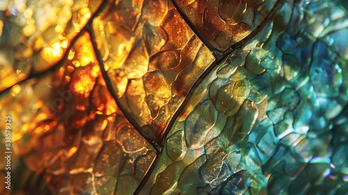The interplay of light and shadow creates a dreamy almost ethereal quality in this closeup of delicately textured stained glass