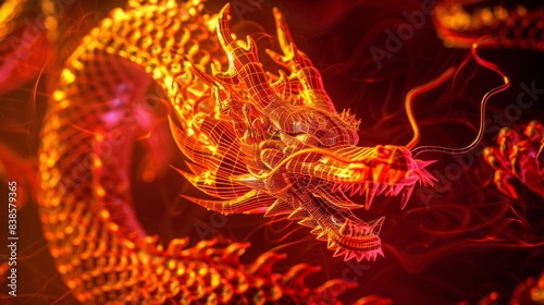A red and yellow neon dragon coils and twists its scales and claws defined by fine intricate lines that create a sense of fire and energy
