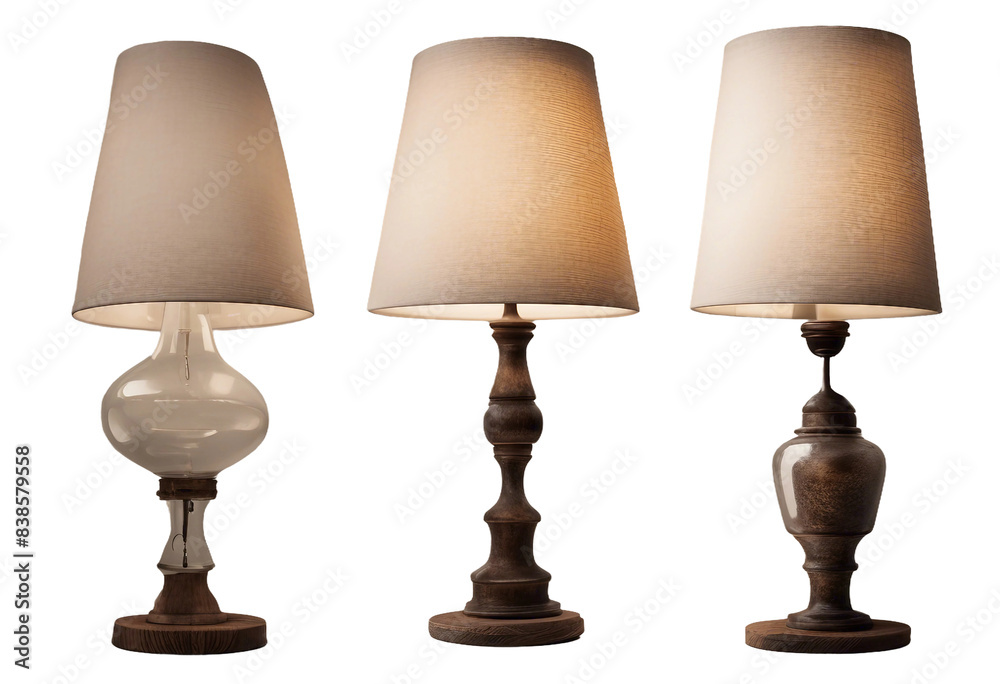 Set of three rustic table lamps isolated on transparent background Set of three rustic table lamps isolated on transparent background