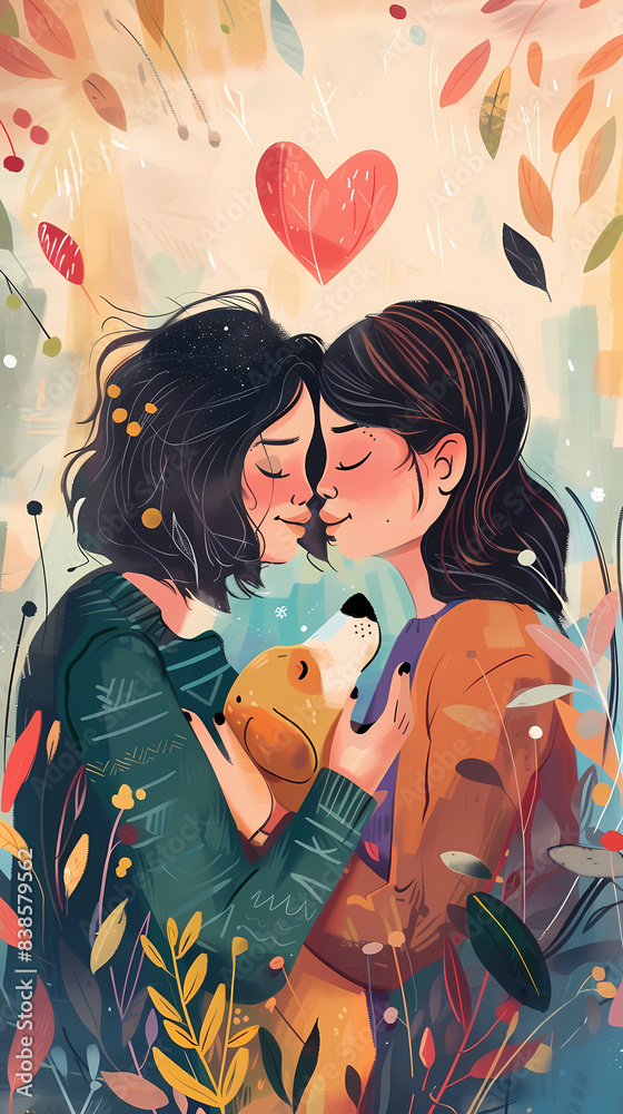 Fototapeta premium A cute illustration of a lesbian couple with a dog, flowers on the background, screensaver 16:9