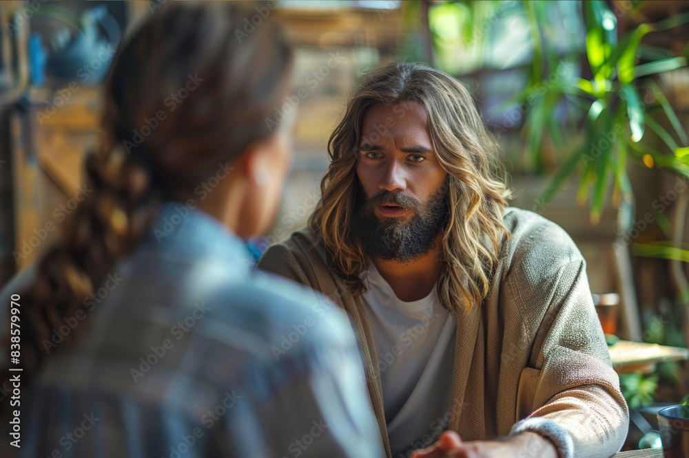 Jesus sitting in a modern counseling office, attentively listening and speaking to a person seeking guidance or comfort.. AI generated. Jesus sitting in a modern counseling office, attentively listening and speaking to a person seeking guidance or comfort.. AI generated.