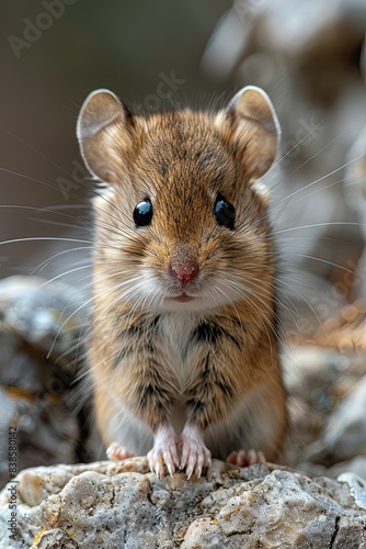 Cute baby wood mouse of the United Kingdom, sitting for portrait photoshoot, plain bright brilliant white background,  © grocery store design