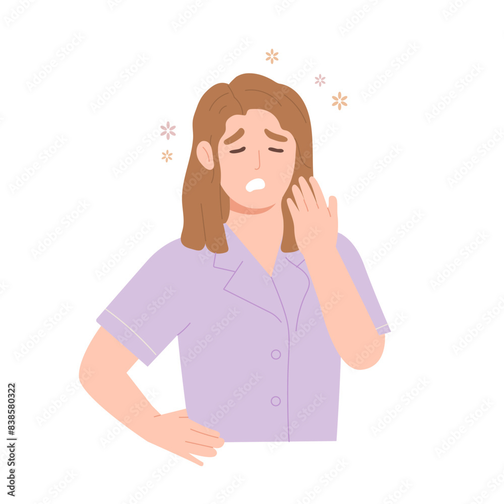 Woman in pajamas is sleepy at bedtime or just wake up. Female character is yawning at night. Concept of sleep, bedtime, rest, waking up early, tired. Flat vector illustration. Woman in pajamas is sleepy at bedtime or just wake up. Female character is yawning at night. Concept of sleep, bedtime, rest, waking up early, tired. Flat vector illustration.