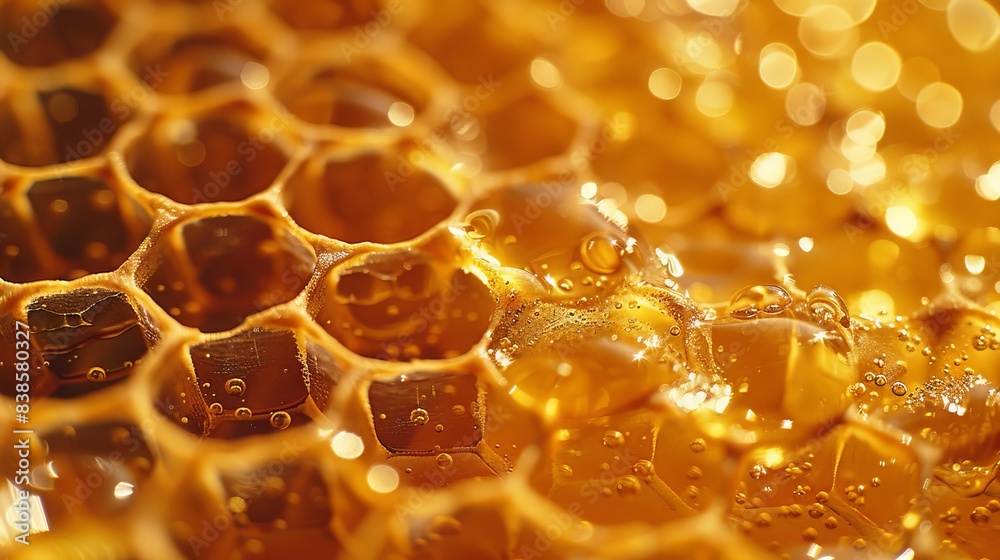 Close-up of diligent bees at work on honey cells. A honeybee working on a honeycomb, with a warm golden light enhancing the intricate details. Close-up of diligent bees at work on honey cells. A honeybee working on a honeycomb, with a warm golden light enhancing the intricate details.