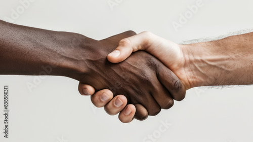 close-up Two hands shaking one hand is a white man's hand and the other hand is a black man isolated on a white background