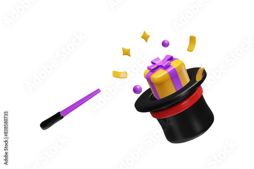3D vector illustration of a magician's hat with a gift box and a magic wand.