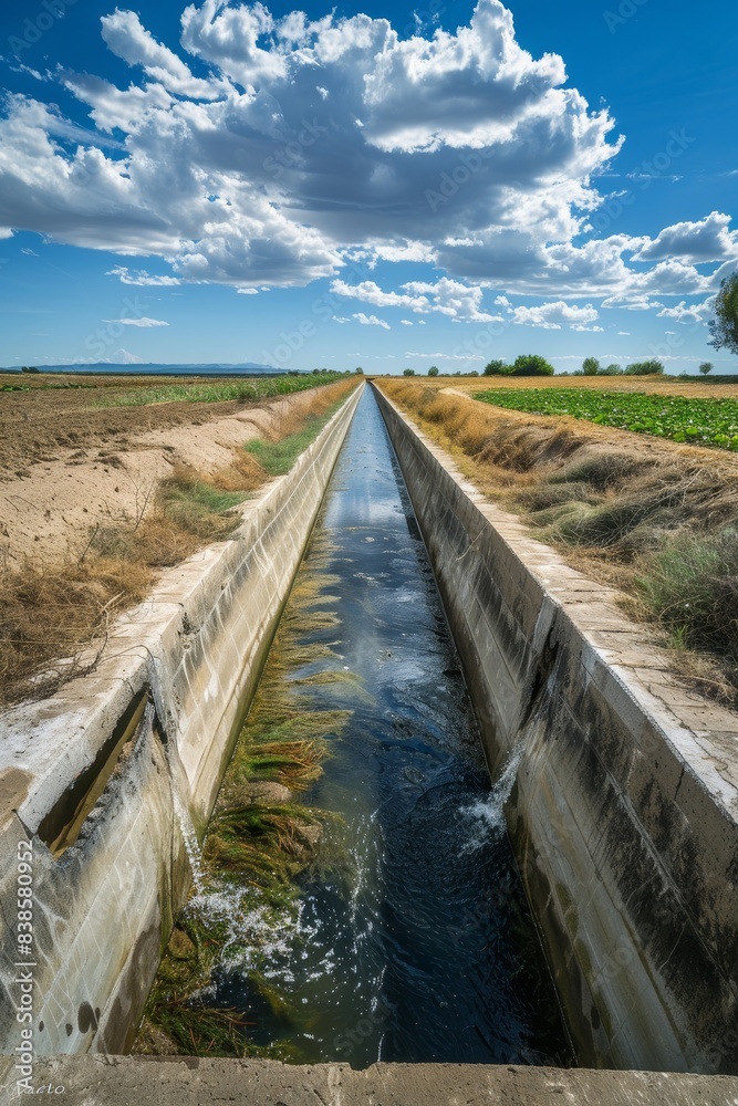 Reinforced concrete irrigation canal with dam in a rural scene on the plain, 