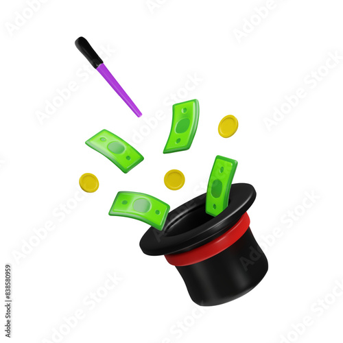 Magician's hat with flying money 3D icon vector illustration