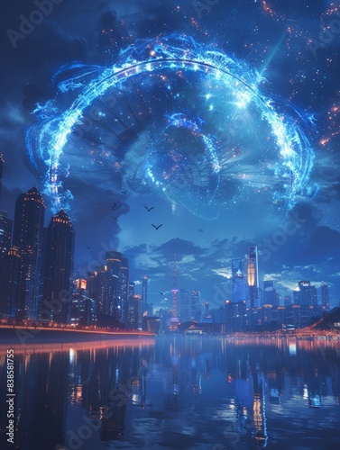 City skyline with ferris wheel, Chongqing landmark building, grand scene, blue background with vortex shape, high horizon, chemical reaction, ps1 graphics, semi-transparent water, central curved 3D ar photo