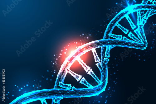 DNA damage and genomic instability, destroyed code futuristic concept on dark blue background
