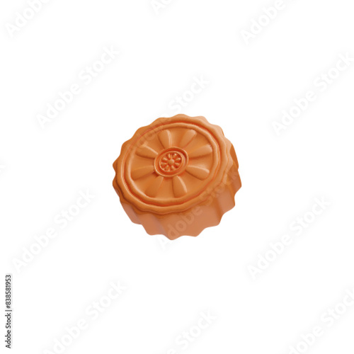 3D vector illustration of a moon cake with a lotus pattern on a white background.