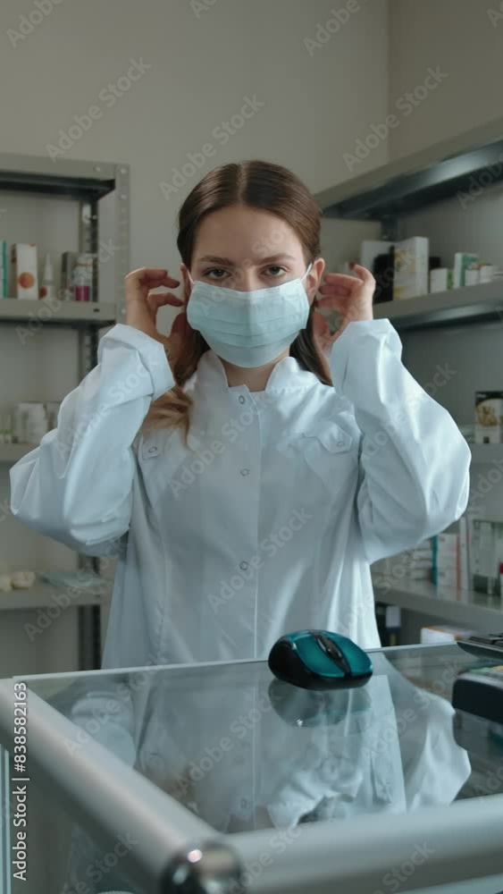 Caucasian girl, pharmacy worker shows how to properly put on a protective mask. Prerequisites for protecting against inhalation of the virus during the covid-19 pandemic. Drecautions at the drug store Caucasian girl, pharmacy worker shows how to properly put on a protective mask. Prerequisites for protecting against inhalation of the virus during the covid-19 pandemic. Drecautions at the drug store